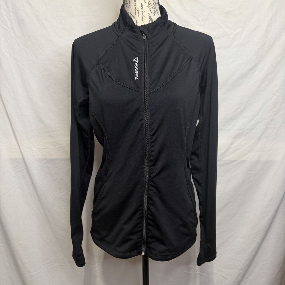 Reebook Black Full Zip,  Thumb Holes, Pockets, Activewear Fitted  Jacket  Size M